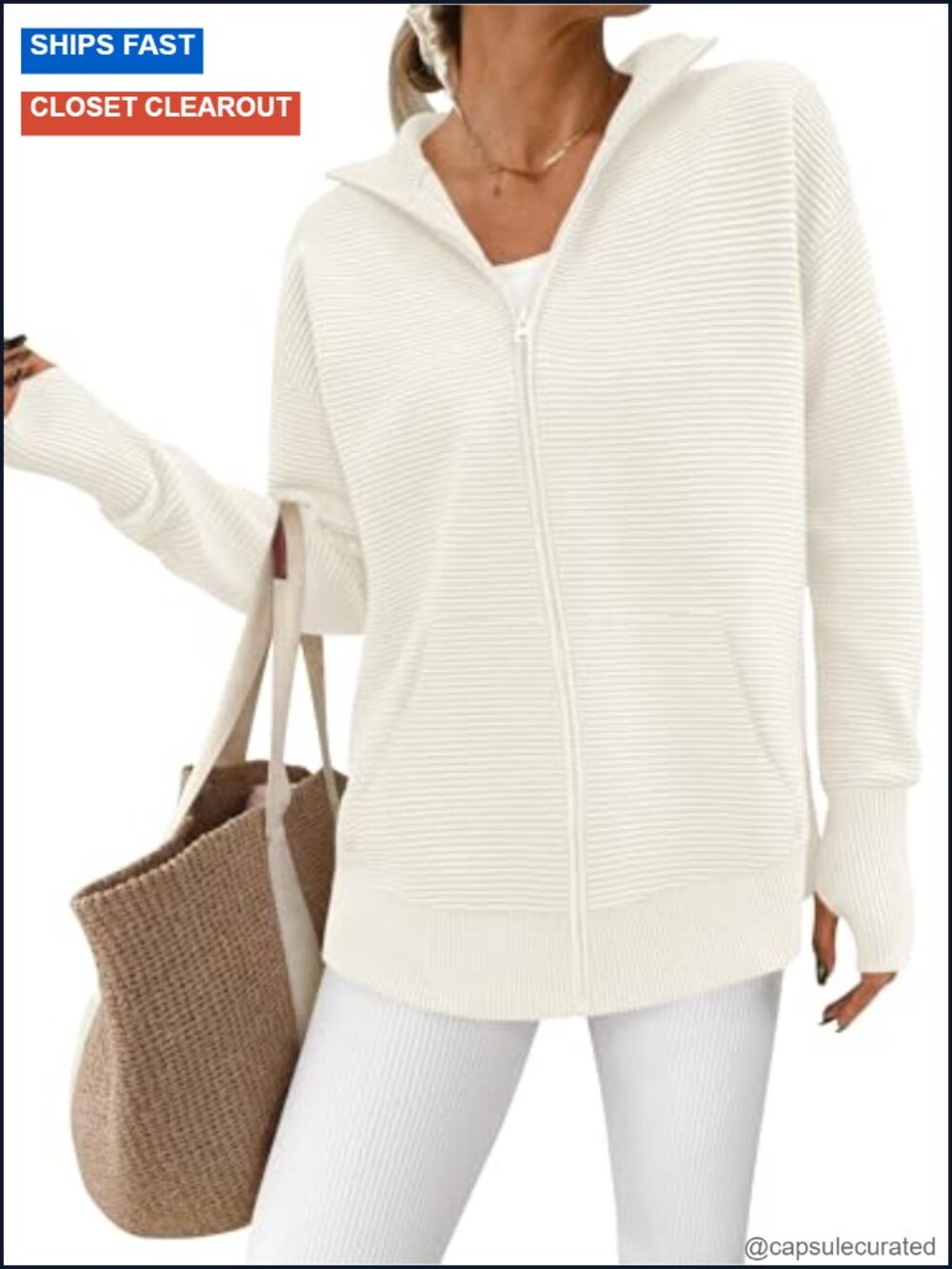 Women's Zip Up Ribbed Cardigan Sweater Loose Fit Thumb Hole Knit Tunic